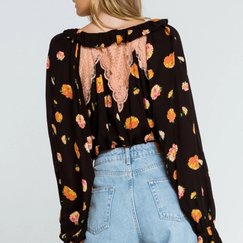 Free People Poppy Printed Black Combo Bodysuit